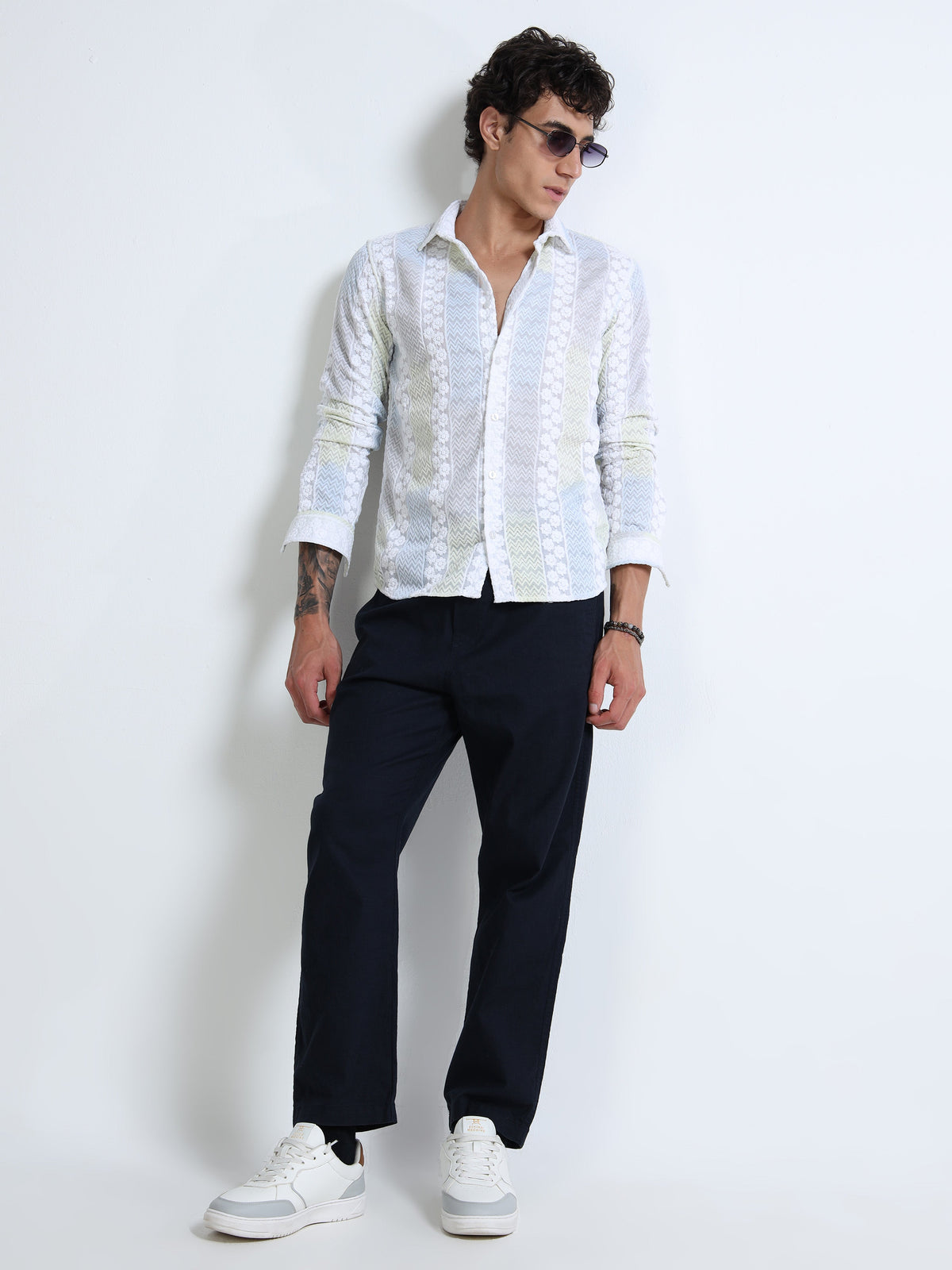 Men’s White Textured Cotton Casual Shirt with Multicolor Striped Embroidery