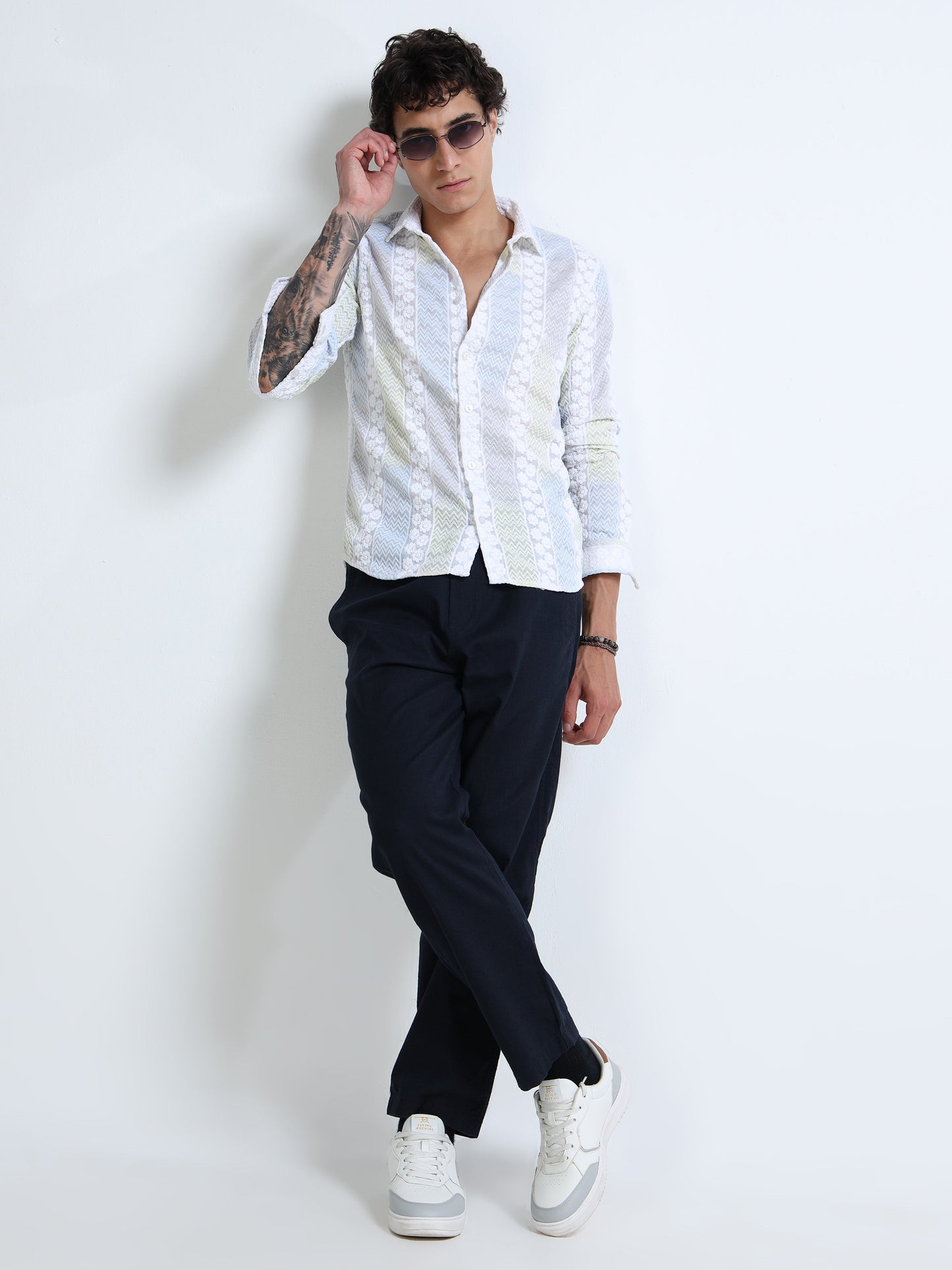 Men’s White Textured Cotton Casual Shirt with Multicolor Striped Embroidery