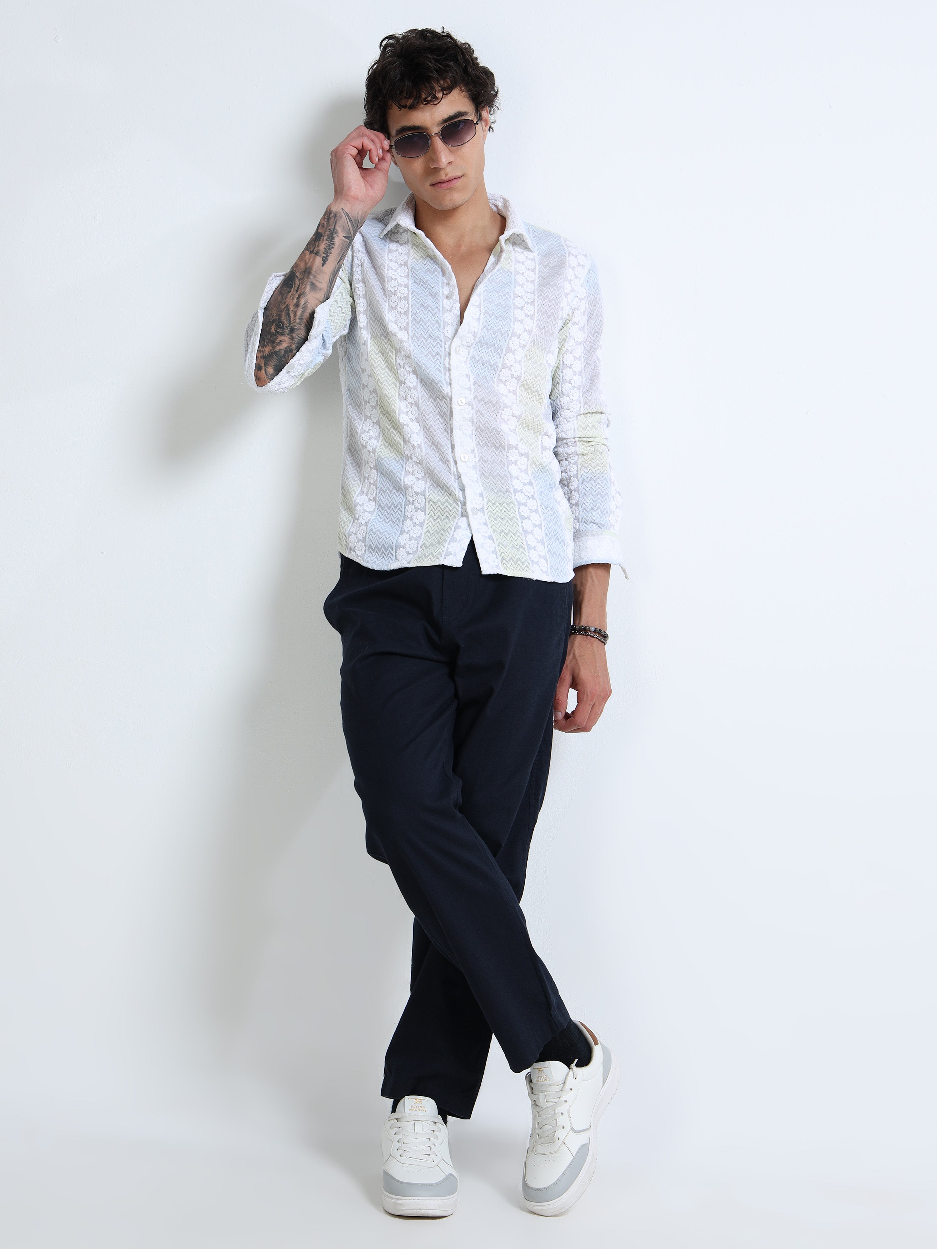 Men’s White Textured Cotton Casual Shirt with Multicolor Striped Embroidery