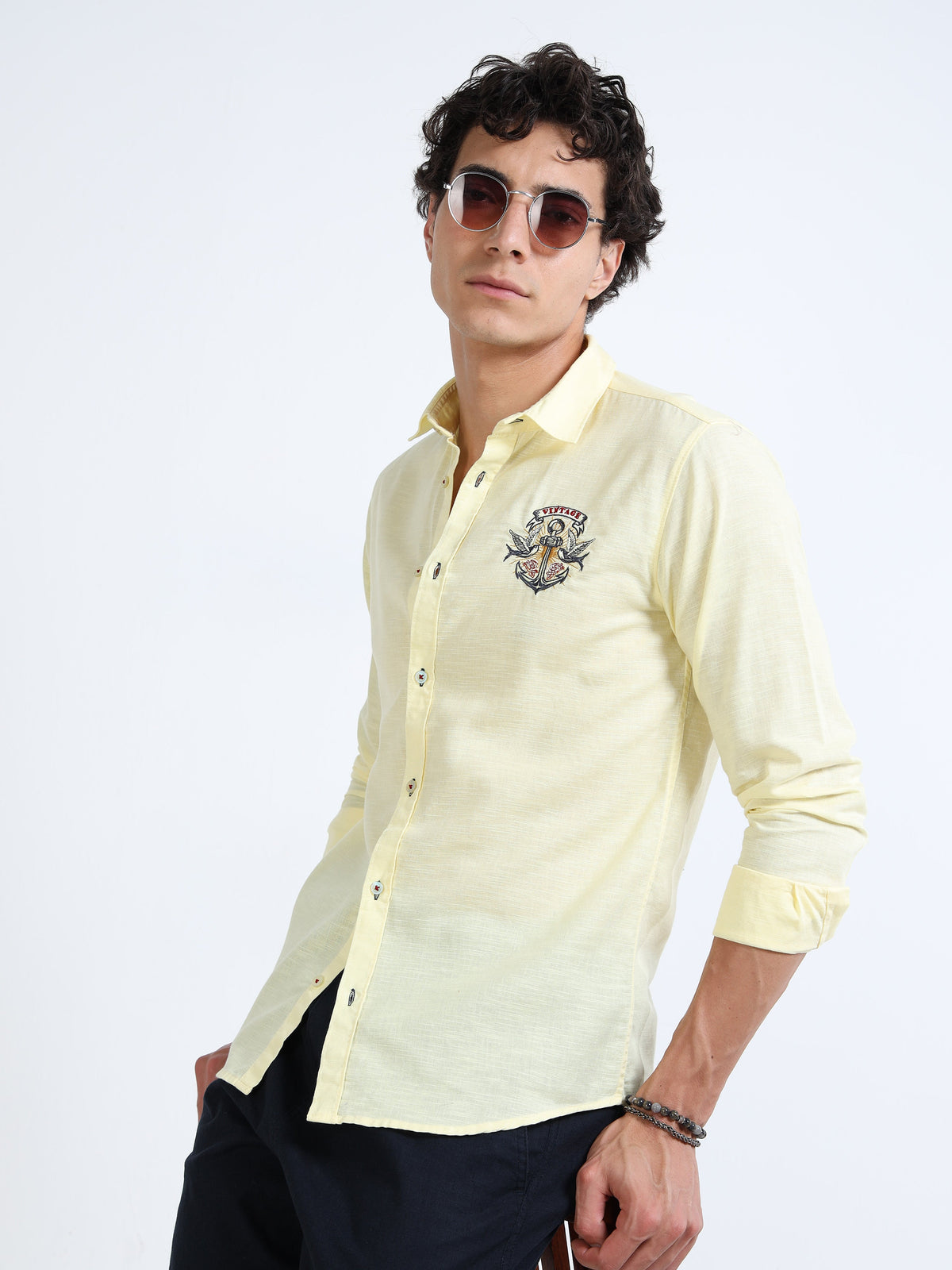 Men’s Light Yellow Cotton Casual Shirt with Nautical Anchor Embroidery