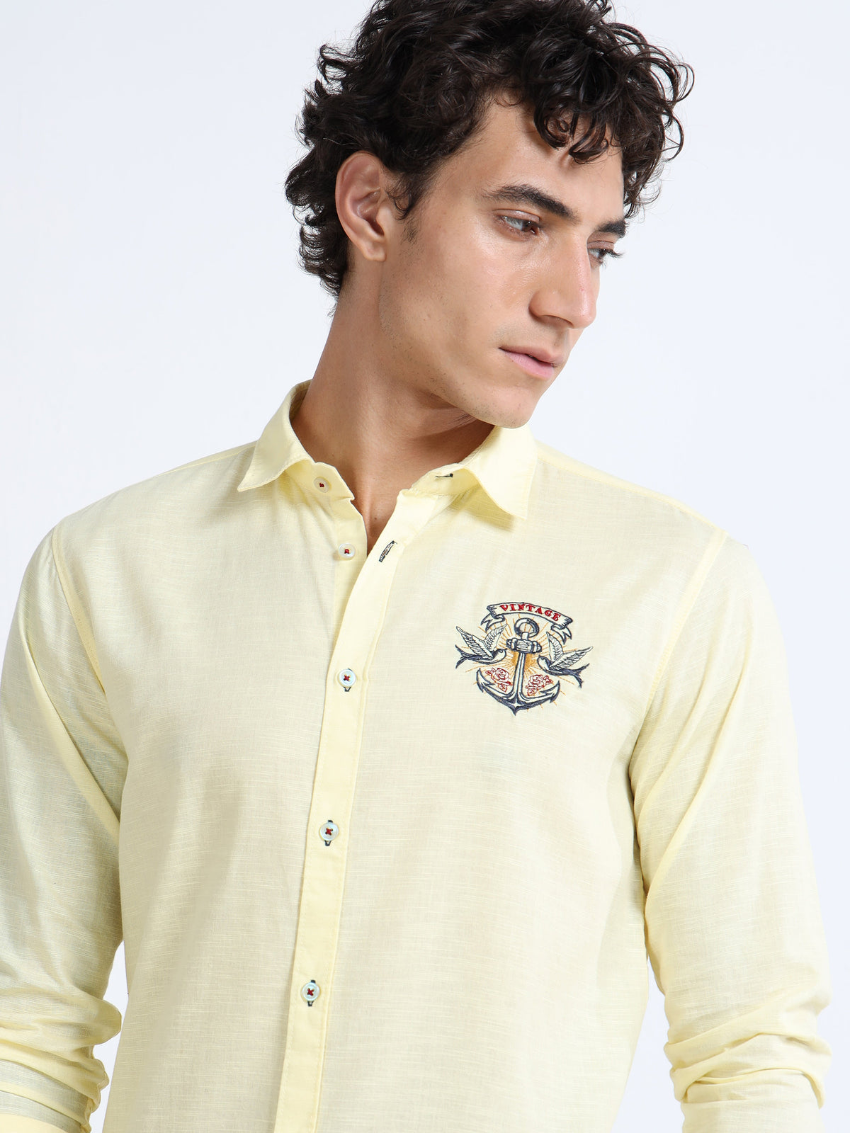 Men’s Light Yellow Cotton Casual Shirt with Nautical Anchor Embroidery