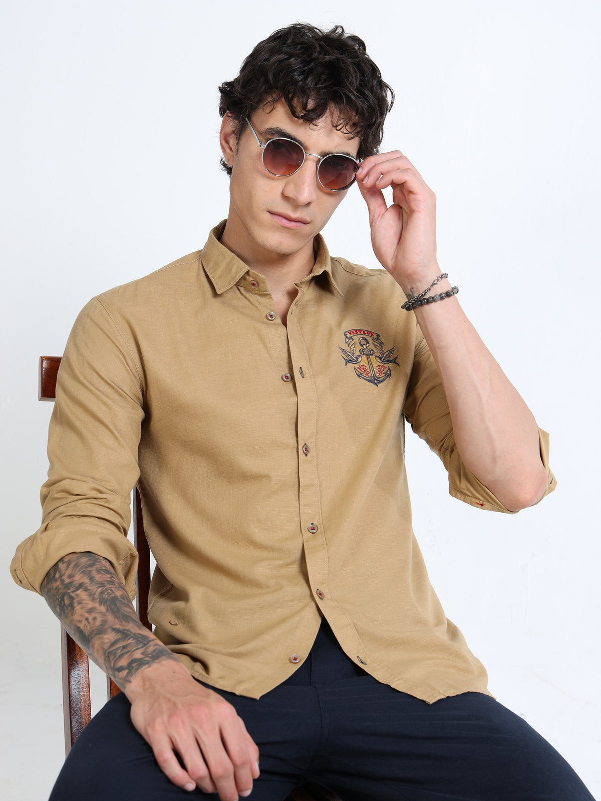 Men’s Brown Cotton Casual Shirt with Anchor Embroidery Detailing