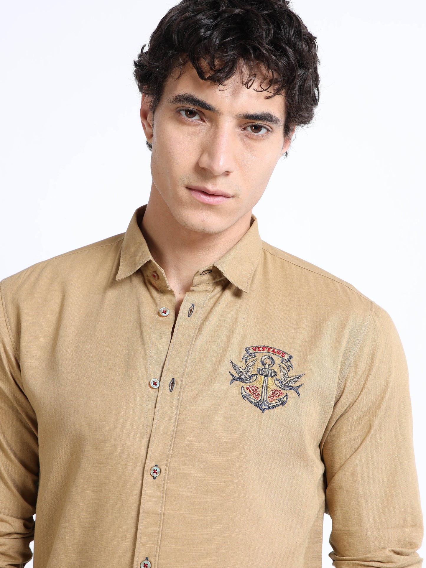 Men’s Brown Cotton Casual Shirt with Anchor Embroidery Detailing