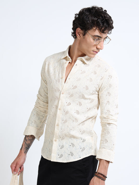 Men’s Cream Cotton Casual Shirt with Floral Embroidery Detailing