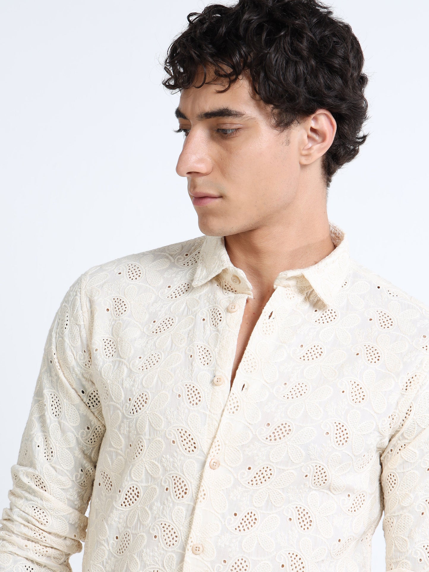 Men’s Cream Cotton Casual Shirt with Floral Embroidery Detailing