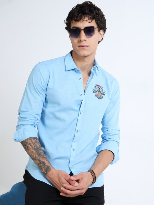 Men’s Light Blue Cotton Casual Shirt with Anchor Embroidery Detailing