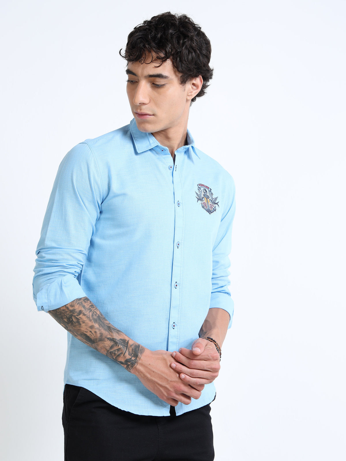 Men’s Light Blue Cotton Casual Shirt with Anchor Embroidery Detailing