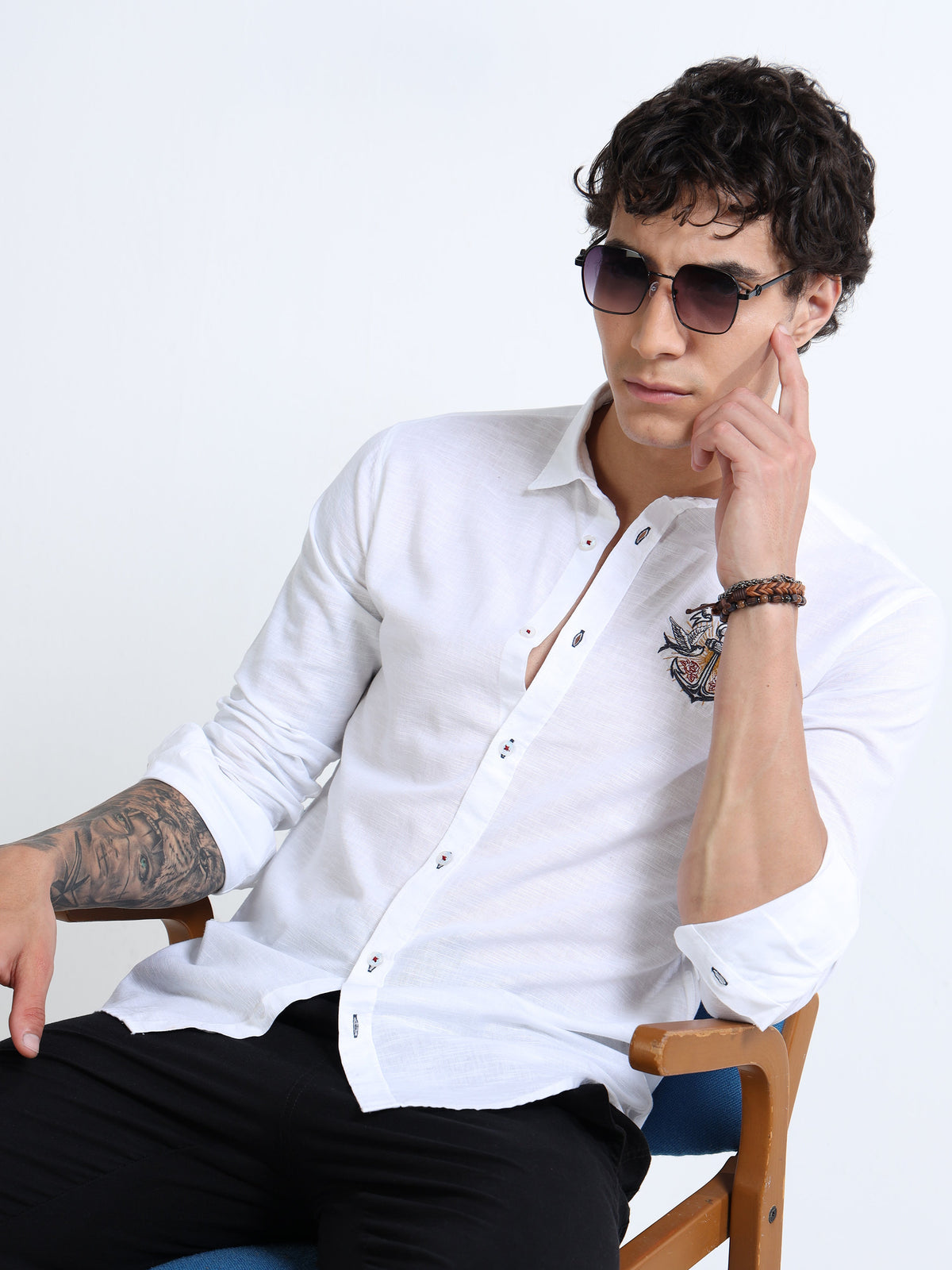 Men’s White Cotton Casual Shirt with Anchor Embroidery Detailing