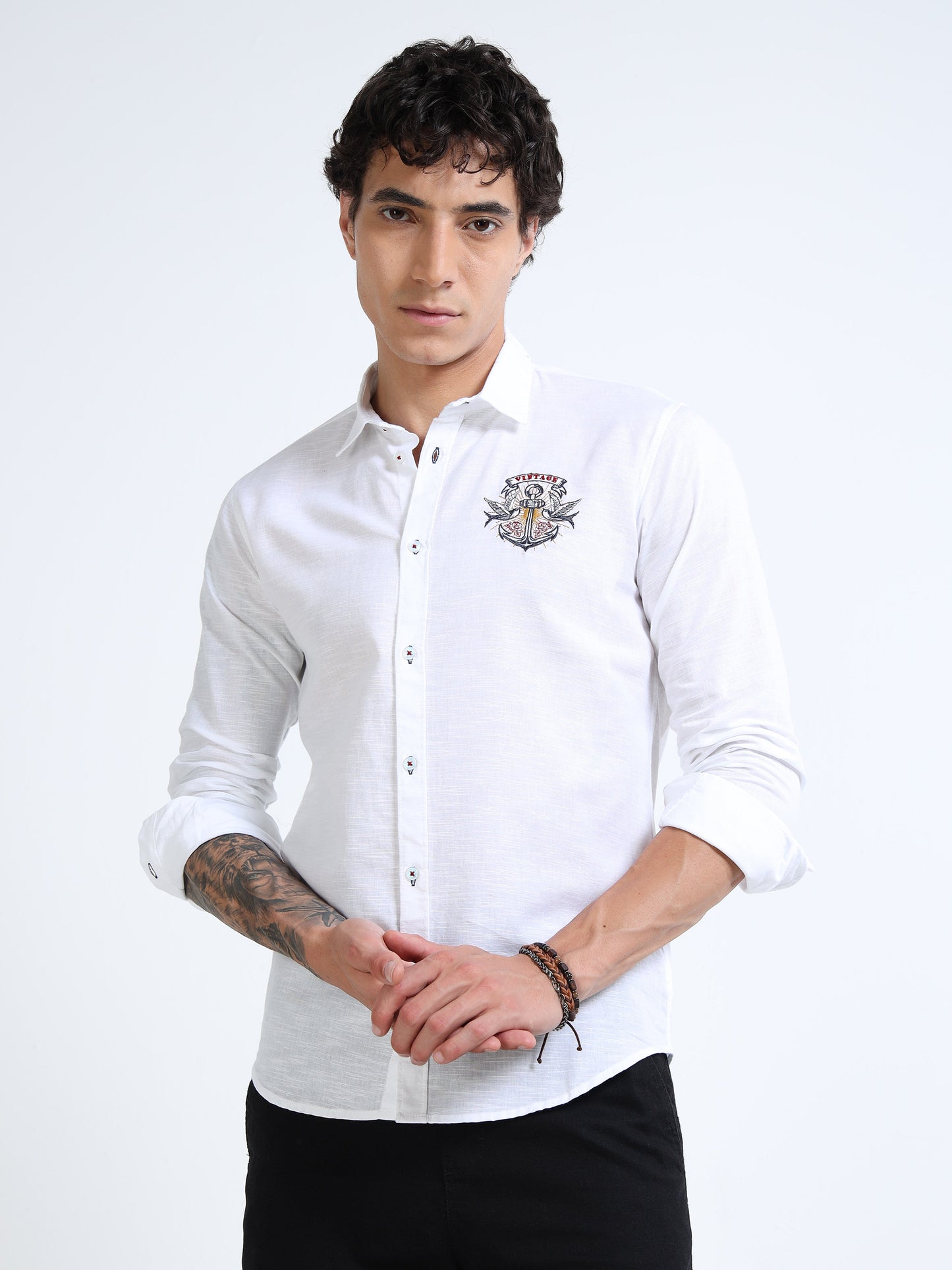 Men’s White Cotton Casual Shirt with Anchor Embroidery Detailing