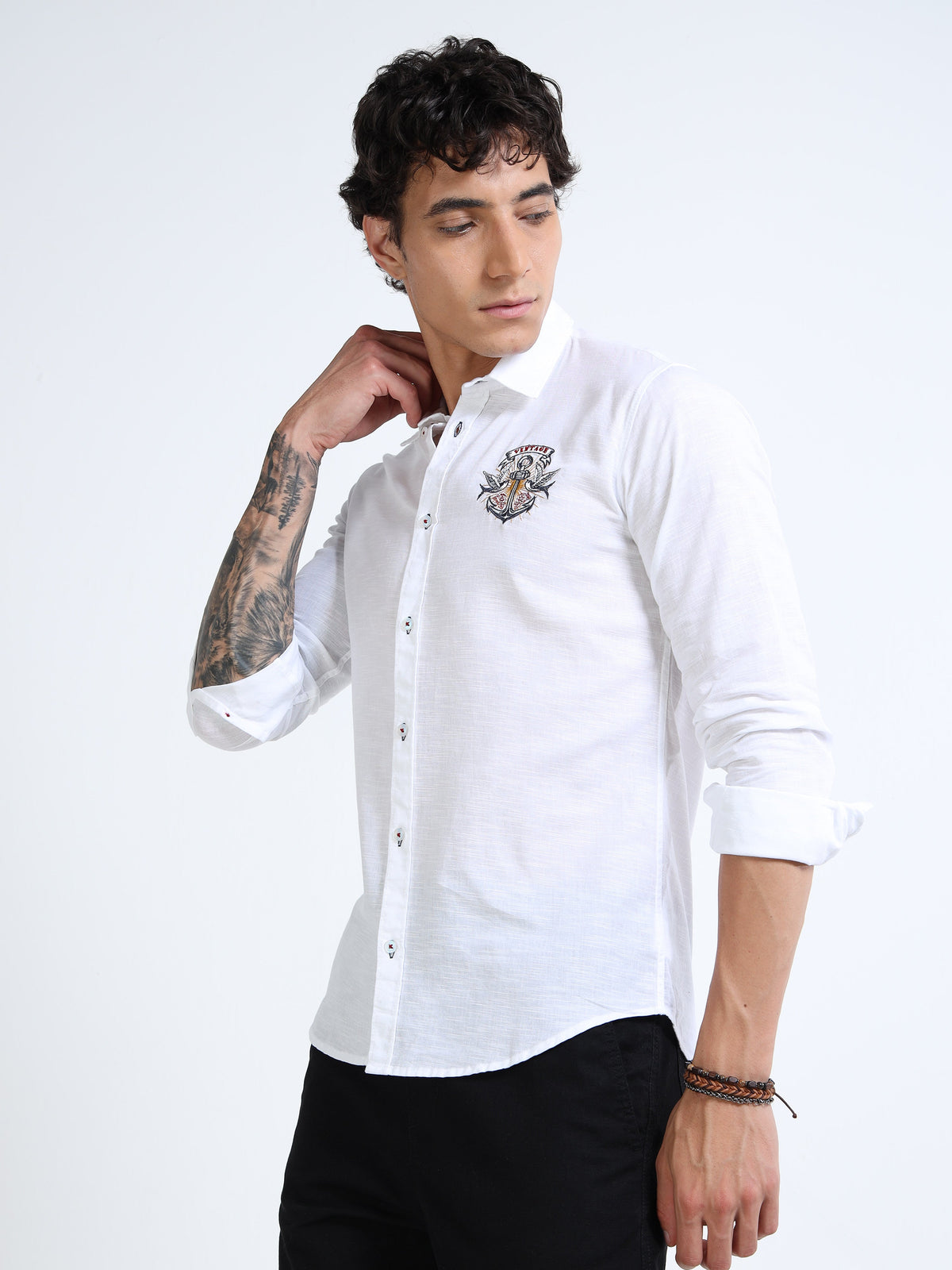Men’s White Cotton Casual Shirt with Anchor Embroidery Detailing
