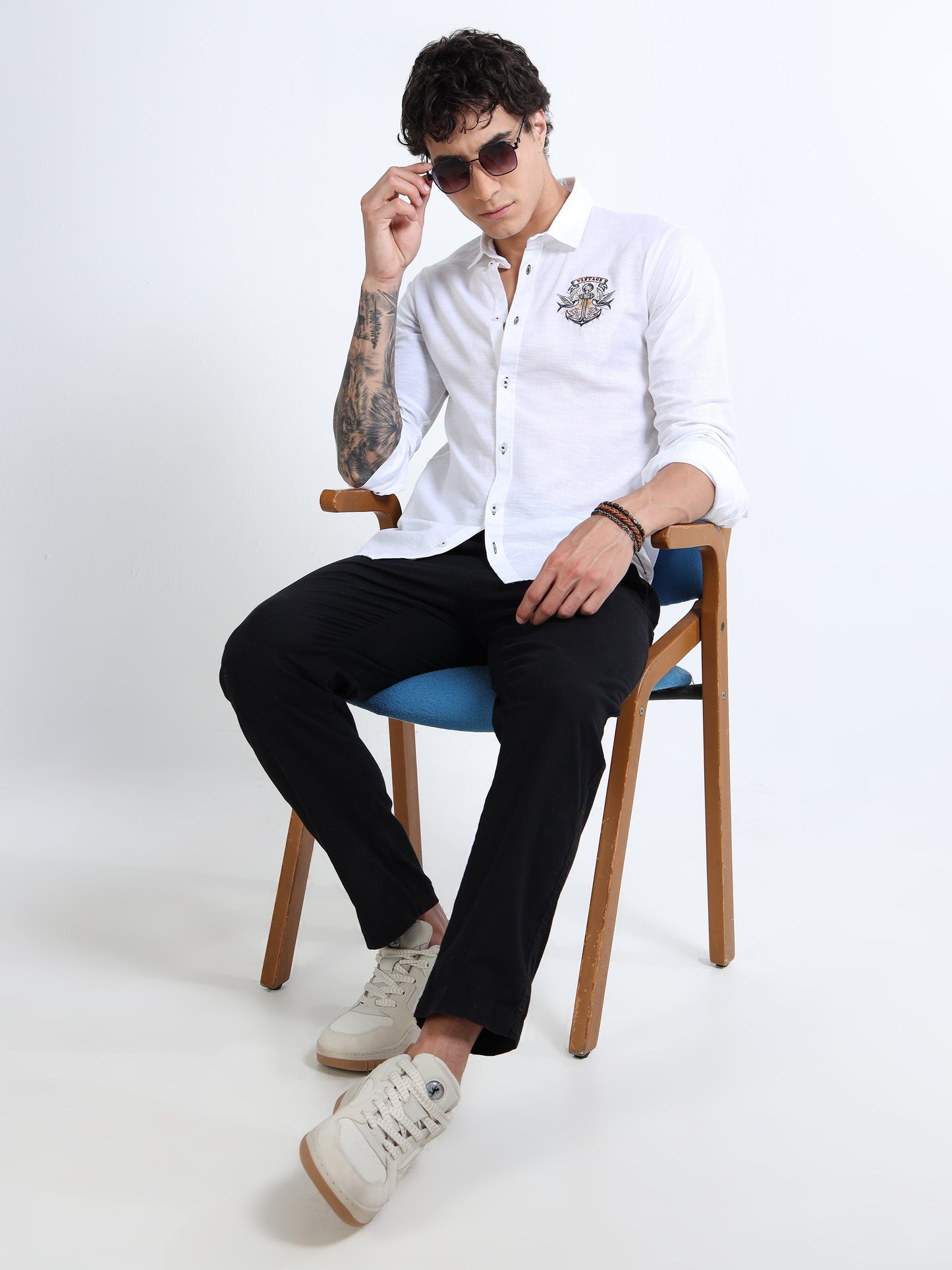 Men’s White Cotton Casual Shirt with Anchor Embroidery Detailing