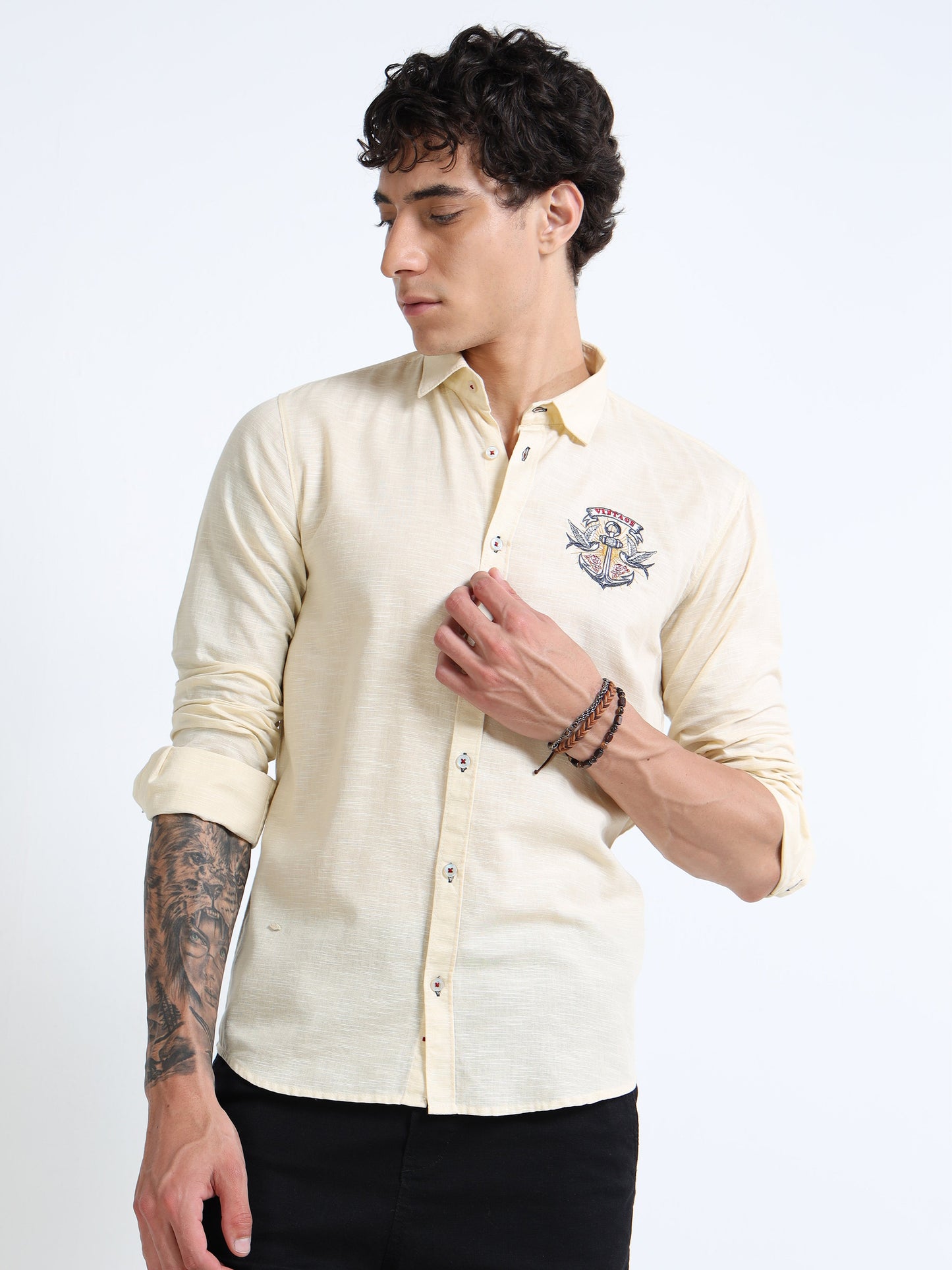 Men’s Beige-Yellow Cotton Casual Shirt with Anchor Embroidery Detailing