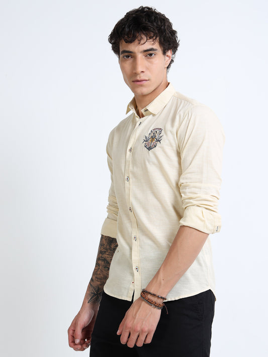 Men’s Beige-Yellow Cotton Casual Shirt with Anchor Embroidery Detailing