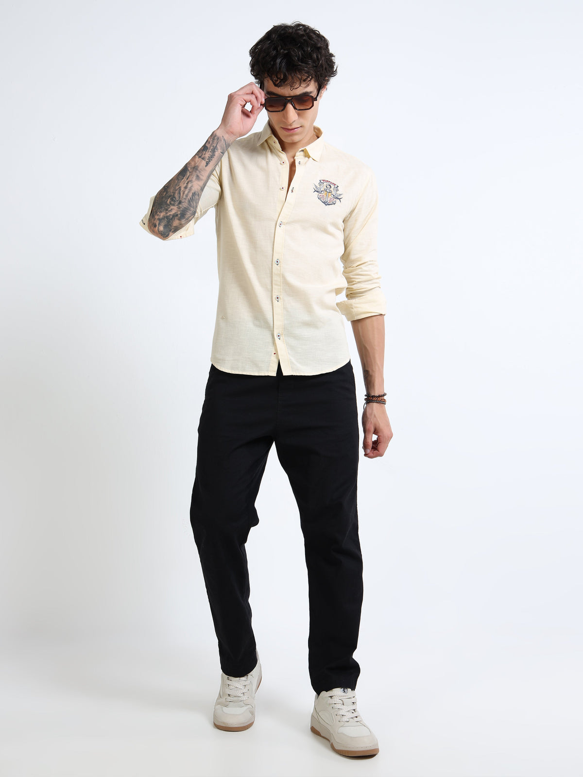 Men’s Beige-Yellow Cotton Casual Shirt with Anchor Embroidery Detailing