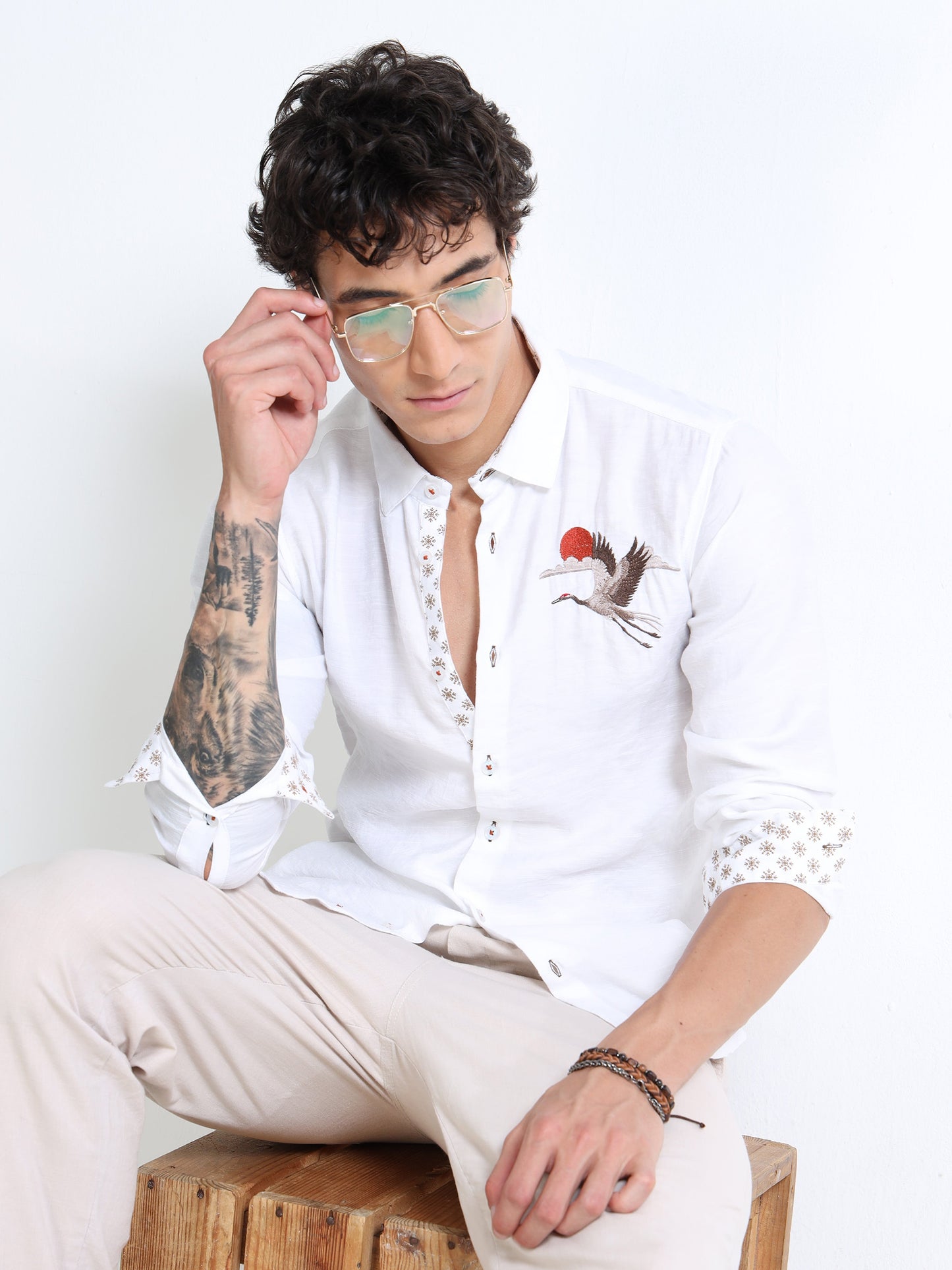 Men’s White Cotton Casual Shirt with Bird Embroidery Detailing