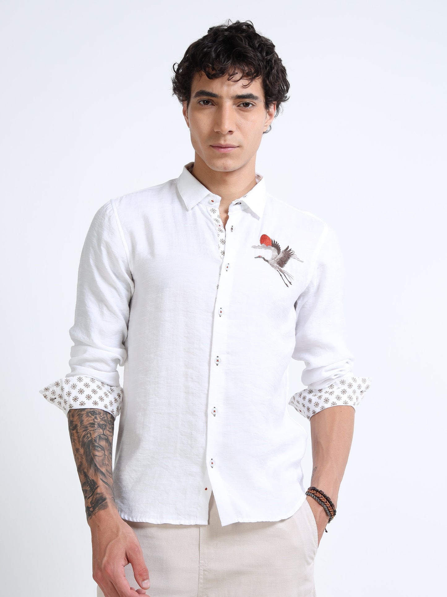 Men’s White Cotton Casual Shirt with Bird Embroidery Detailing