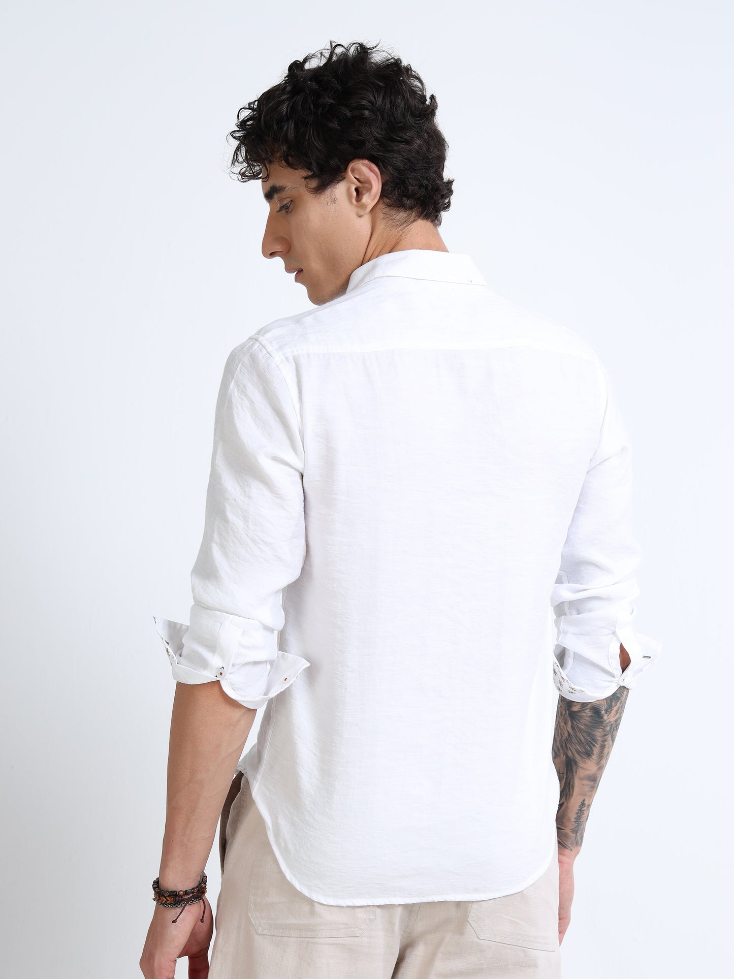 Men’s White Cotton Casual Shirt with Bird Embroidery Detailing