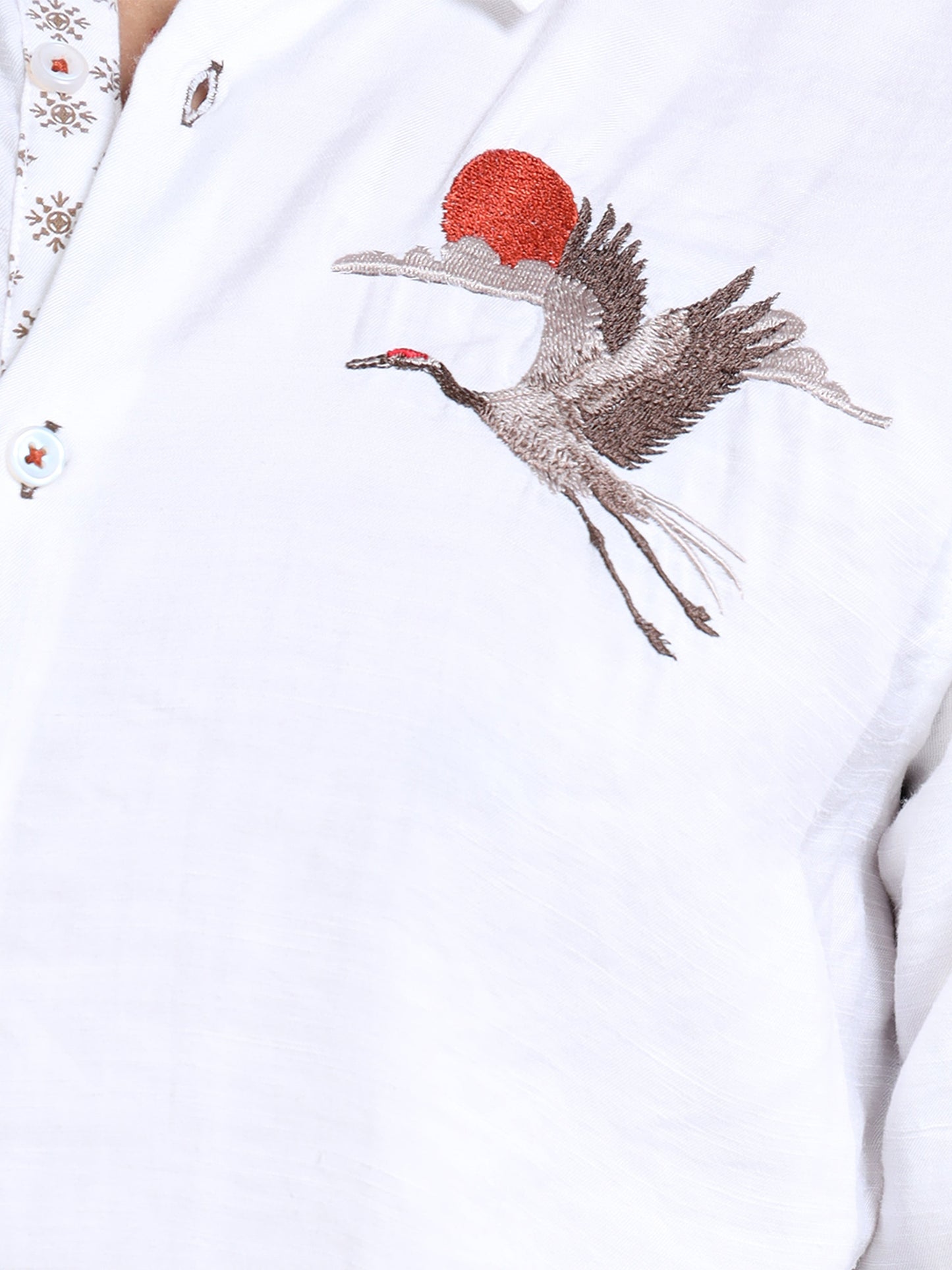 Men’s White Cotton Casual Shirt with Bird Embroidery Detailing