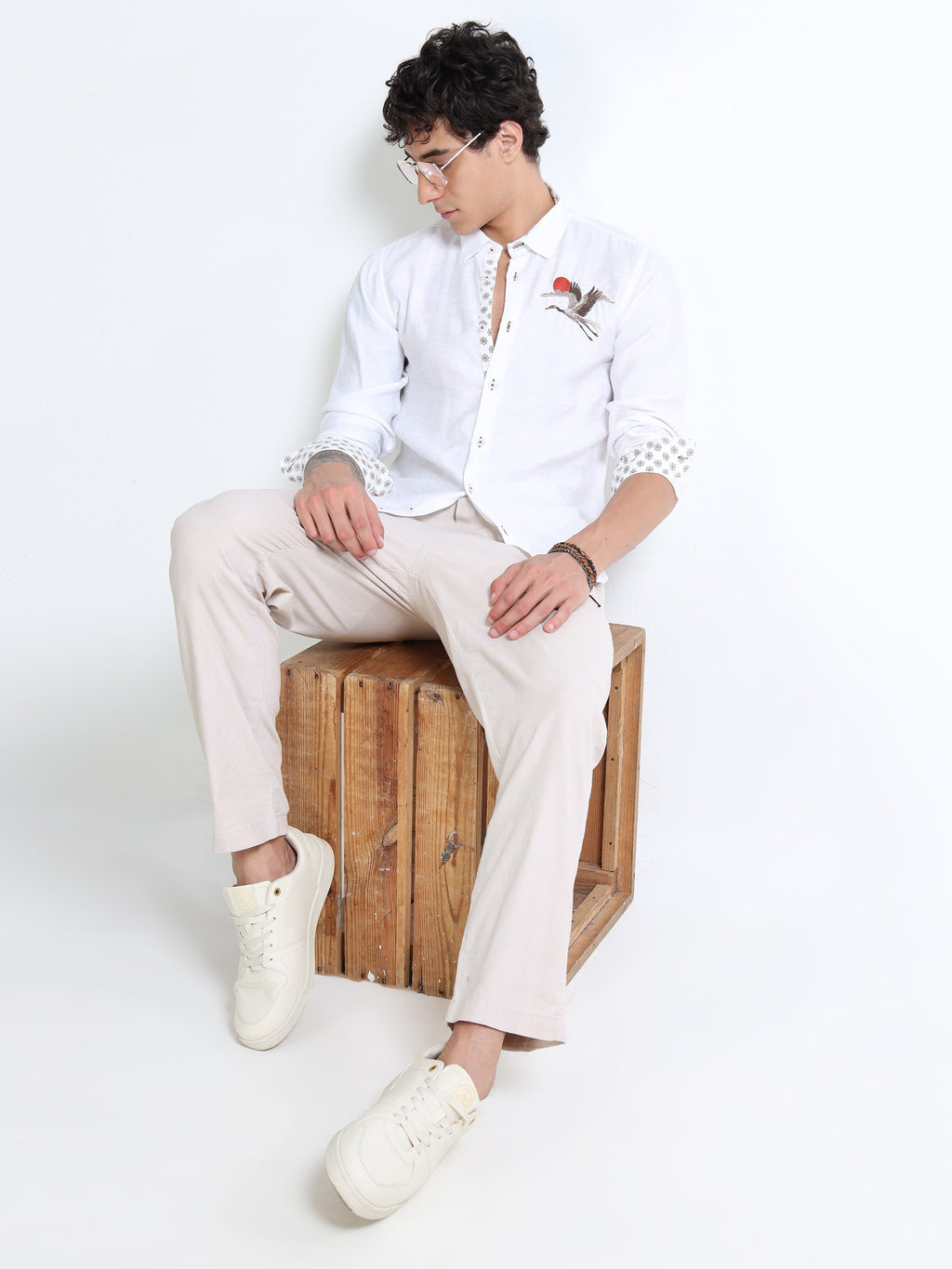 Men’s White Cotton Casual Shirt with Bird Embroidery Detailing