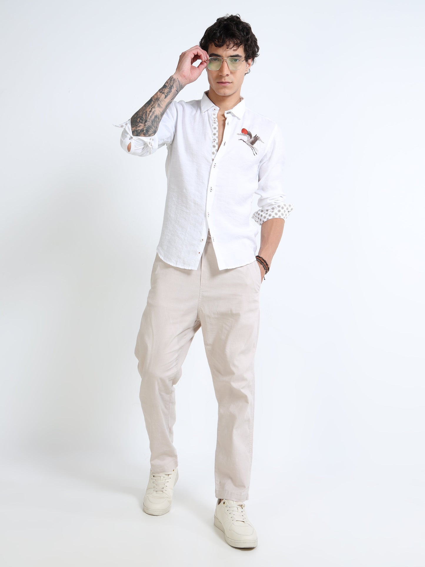 Men’s White Cotton Casual Shirt with Bird Embroidery Detailing