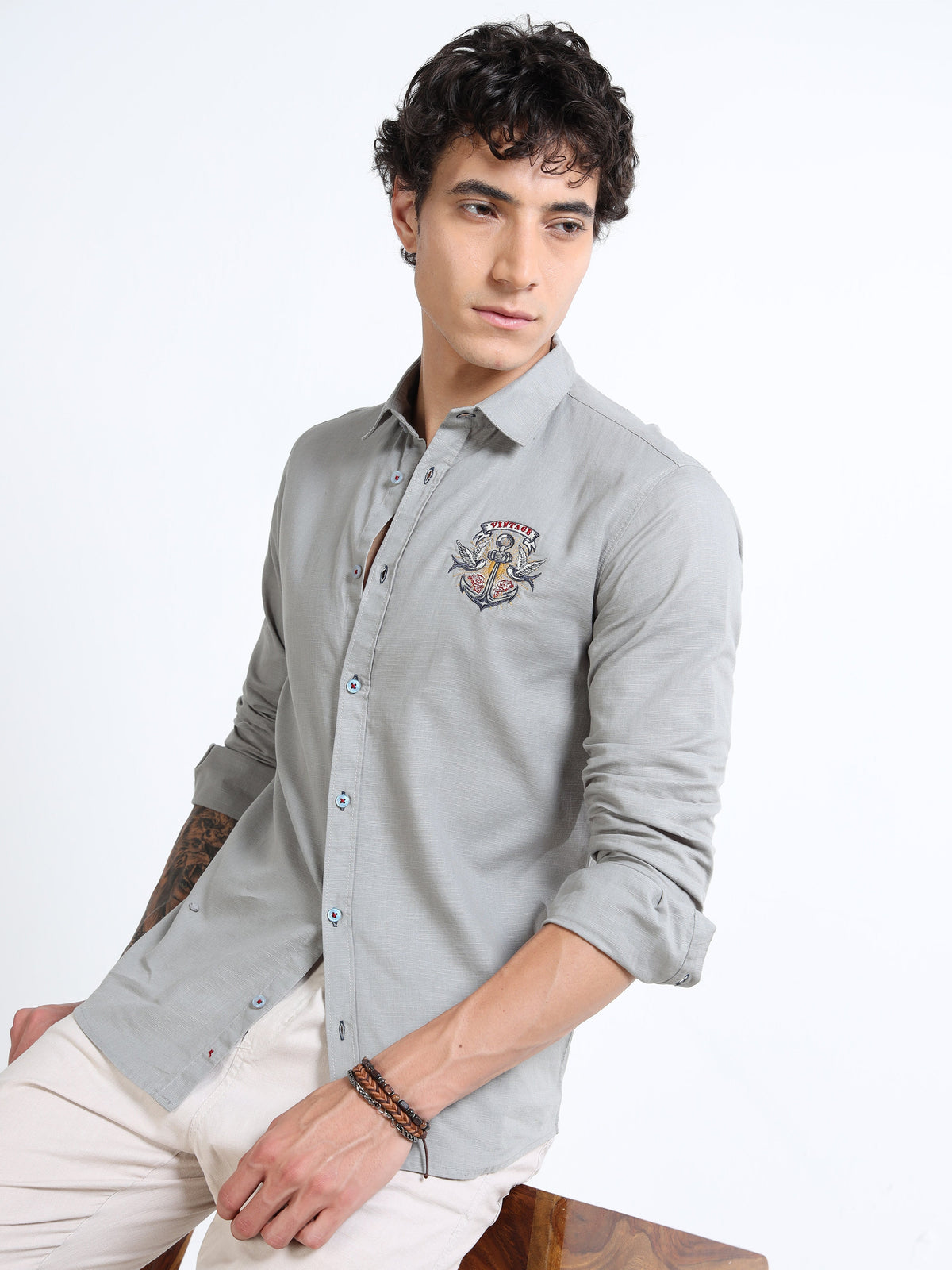 Men’s Grey Cotton Casual Shirt with Anchor Embroidery