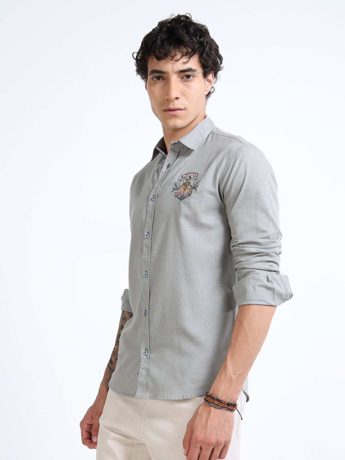 Men’s Grey Cotton Casual Shirt with Anchor Embroidery