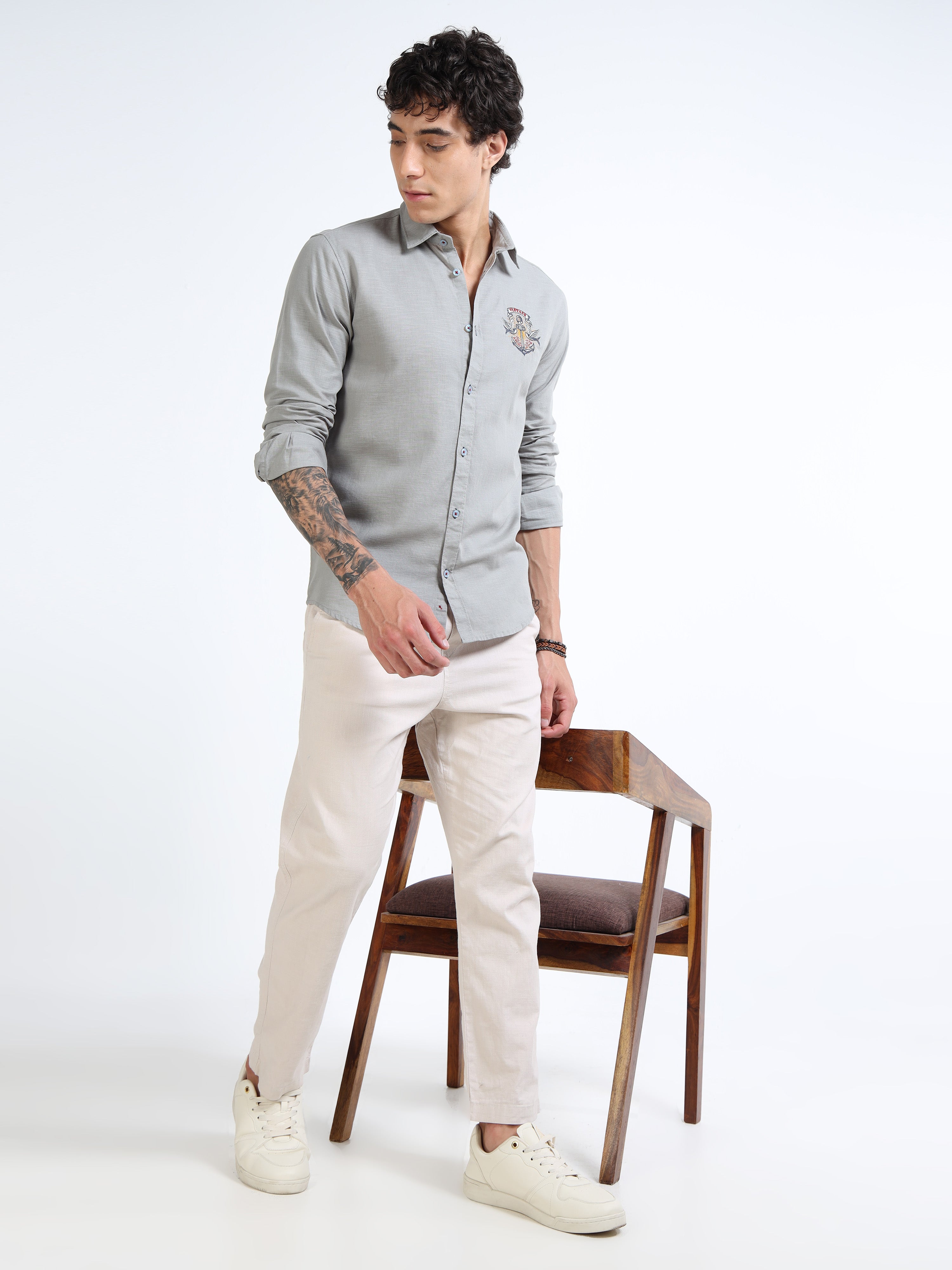 Men’s Grey Cotton Casual Shirt with Anchor Embroidery
