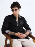 Men’s Black Cotton Casual Shirt with Embroidered Deer Detailing