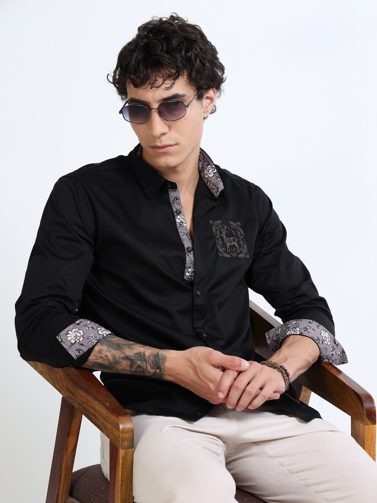 Men’s Black Cotton Casual Shirt with Embroidered Deer Detailing