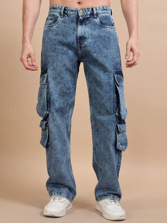 Blue Acid Wash 8-Pocket Cargo Denim Jeans