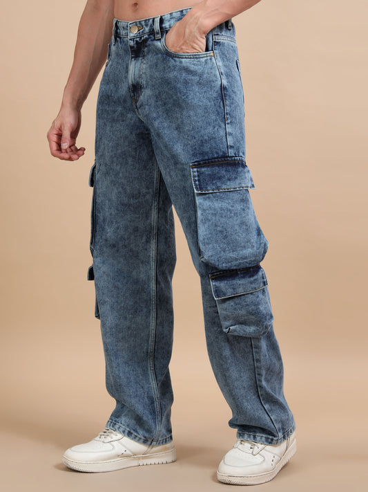 Blue Acid Wash 8-Pocket Cargo Denim Jeans