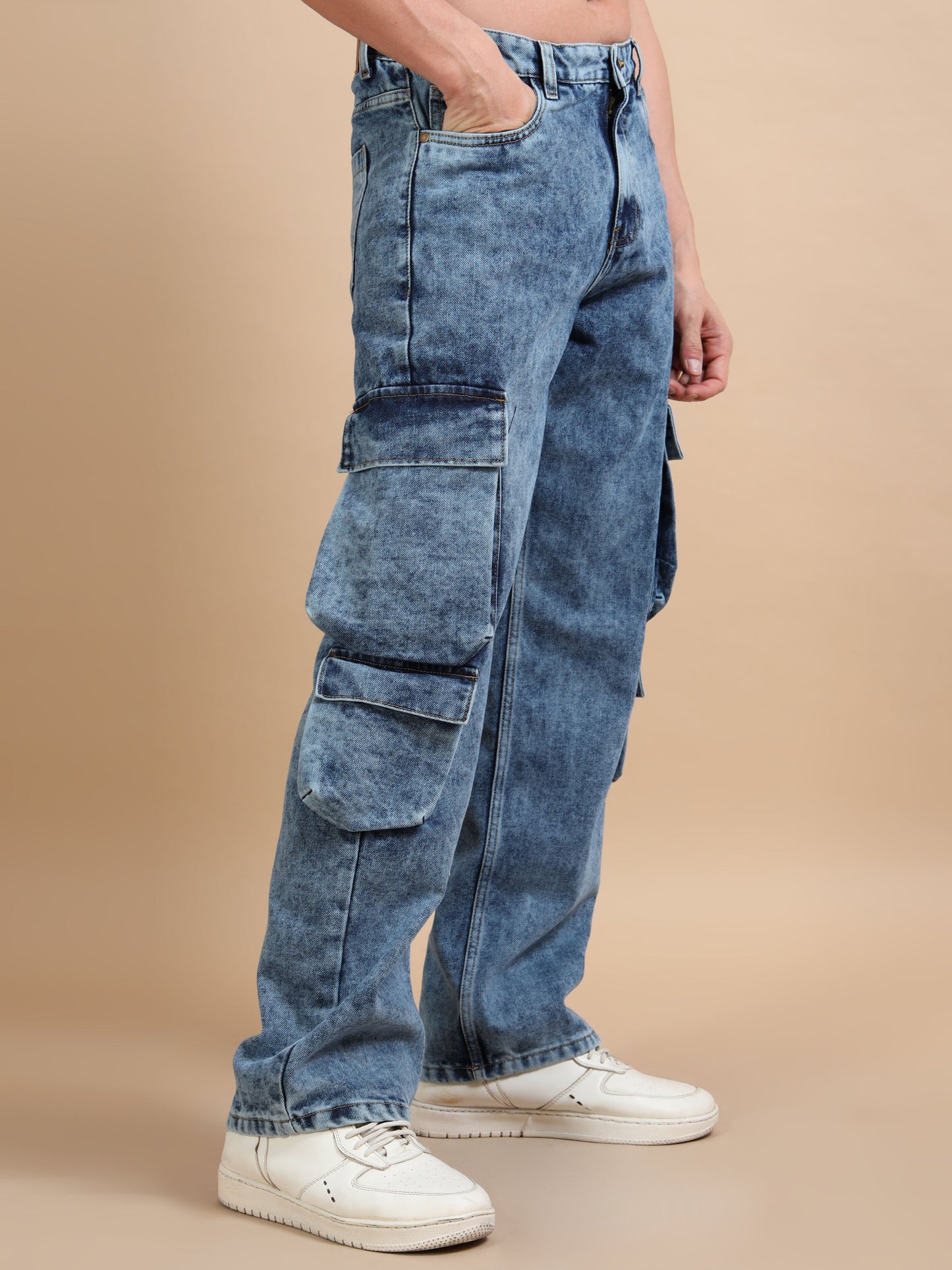 Blue Acid Wash 8-Pocket Cargo Denim Jeans
