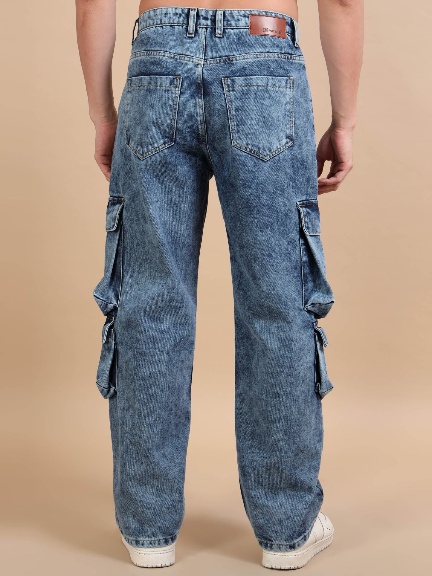 Blue Acid Wash 8-Pocket Cargo Denim Jeans