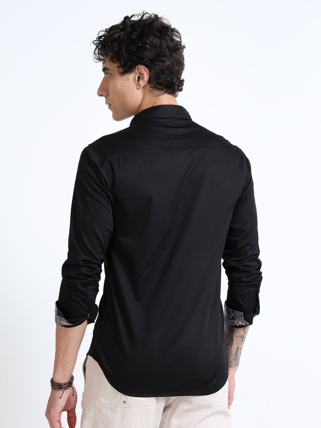 Men’s Black Cotton Casual Shirt with Embroidered Deer Detailing
