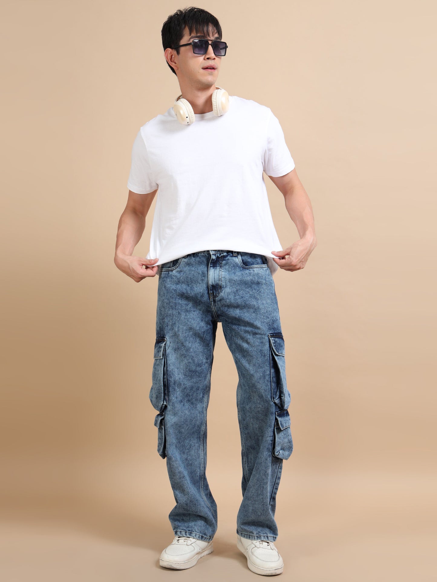 Blue Acid Wash 8-Pocket Cargo Denim Jeans