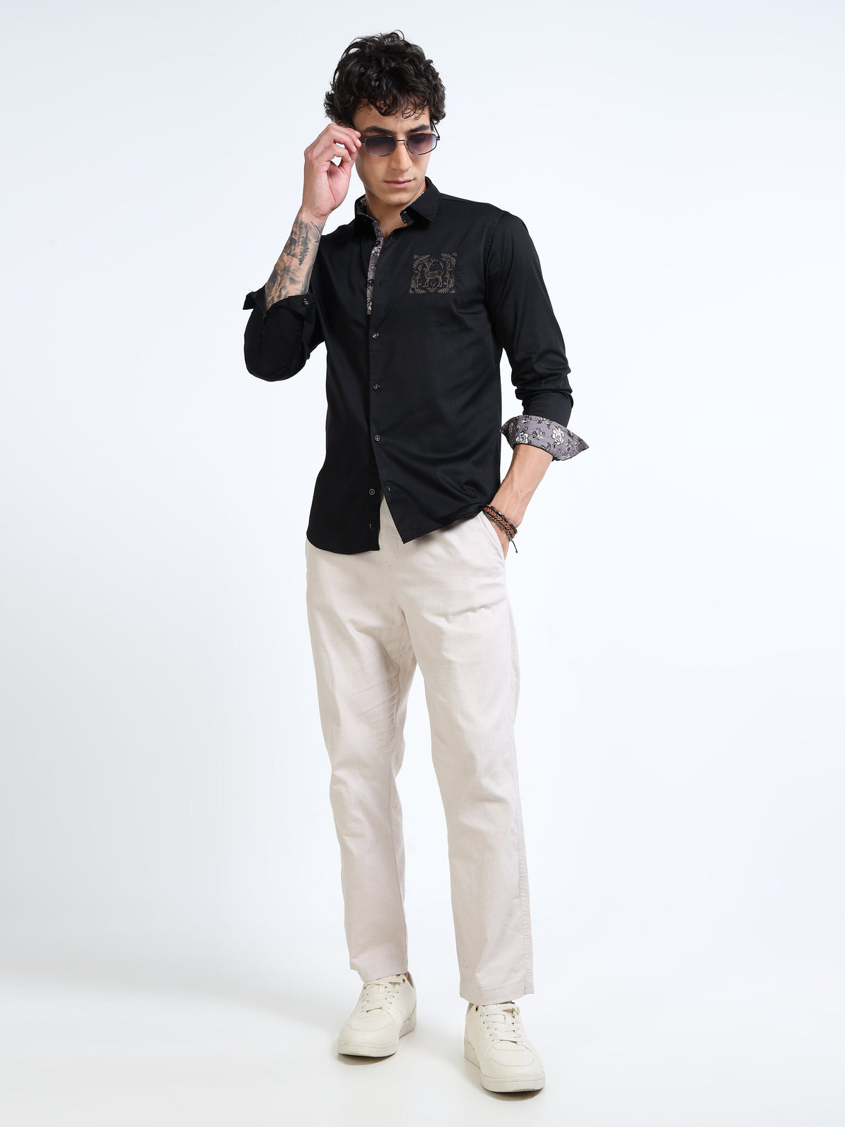 Men’s Black Cotton Casual Shirt with Embroidered Deer Detailing