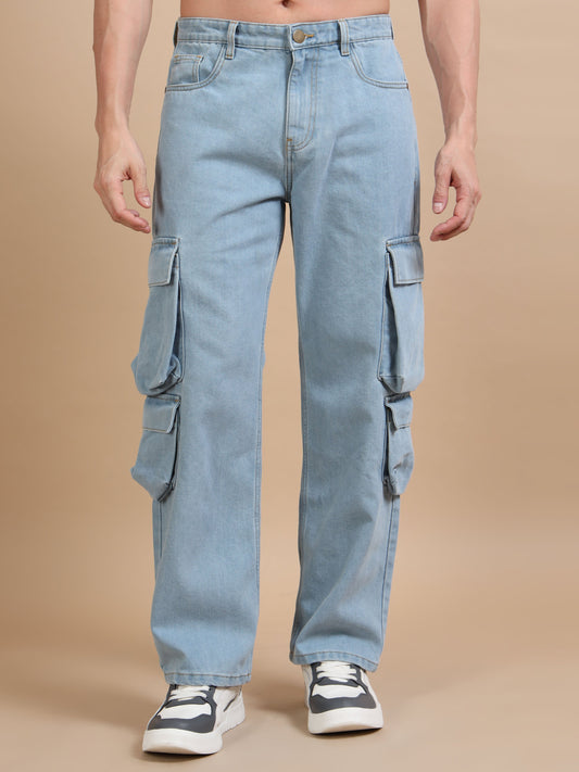 Light Blue 8-Pocket Cargo Denim Jeans