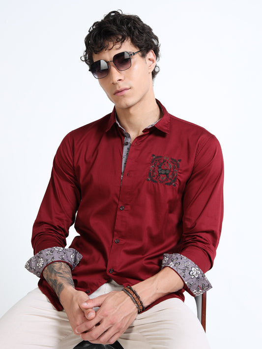 Men’s Maroon Casual Shirt with Embroidered Chest & Contrast Cuffs
