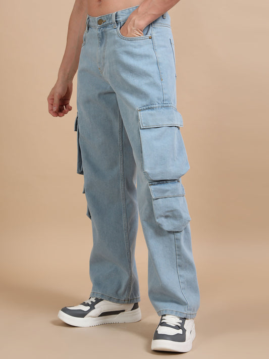 Light Blue 8-Pocket Cargo Denim Jeans