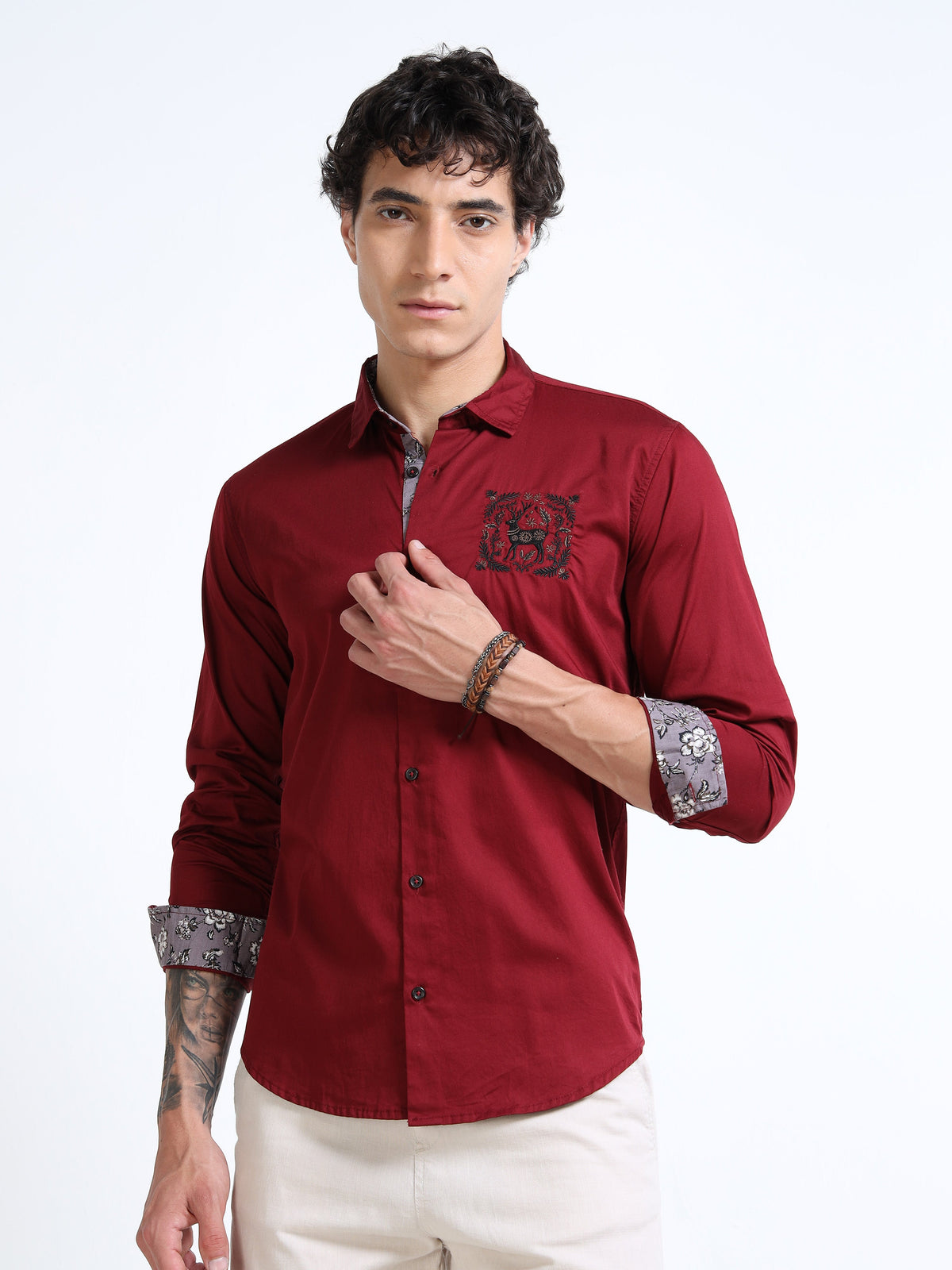 Men’s Maroon Casual Shirt with Embroidered Chest & Contrast Cuffs