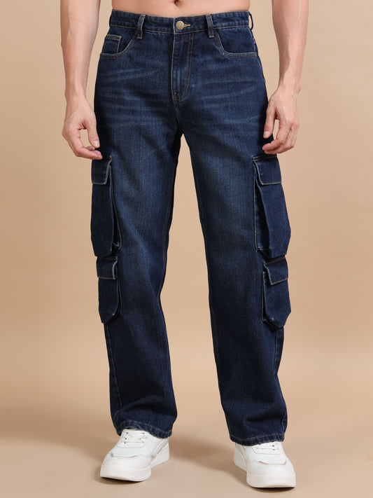 Dark Blue 8-Pocket Cargo Denim Jeans
