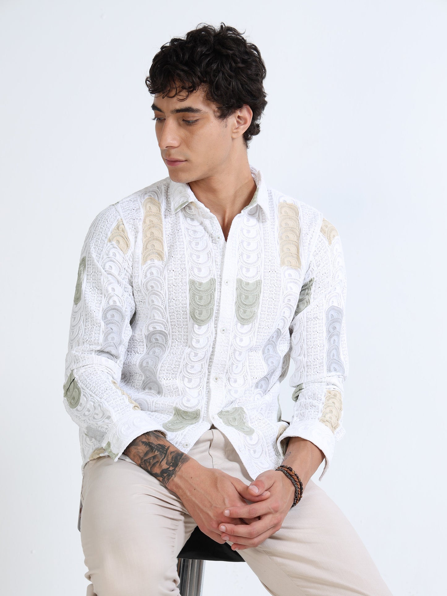 Men’s White Multicolor Embroidered Cotton Shirt with Textured Detailing