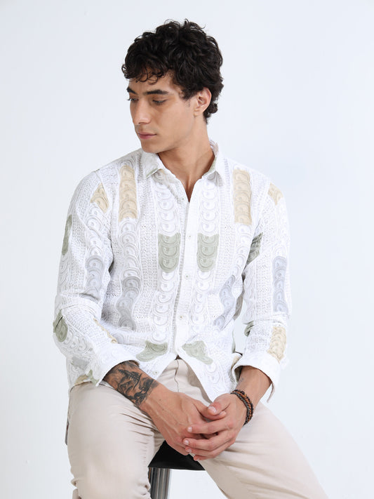 Men’s White Multicolor Embroidered Cotton Shirt with Textured Detailing