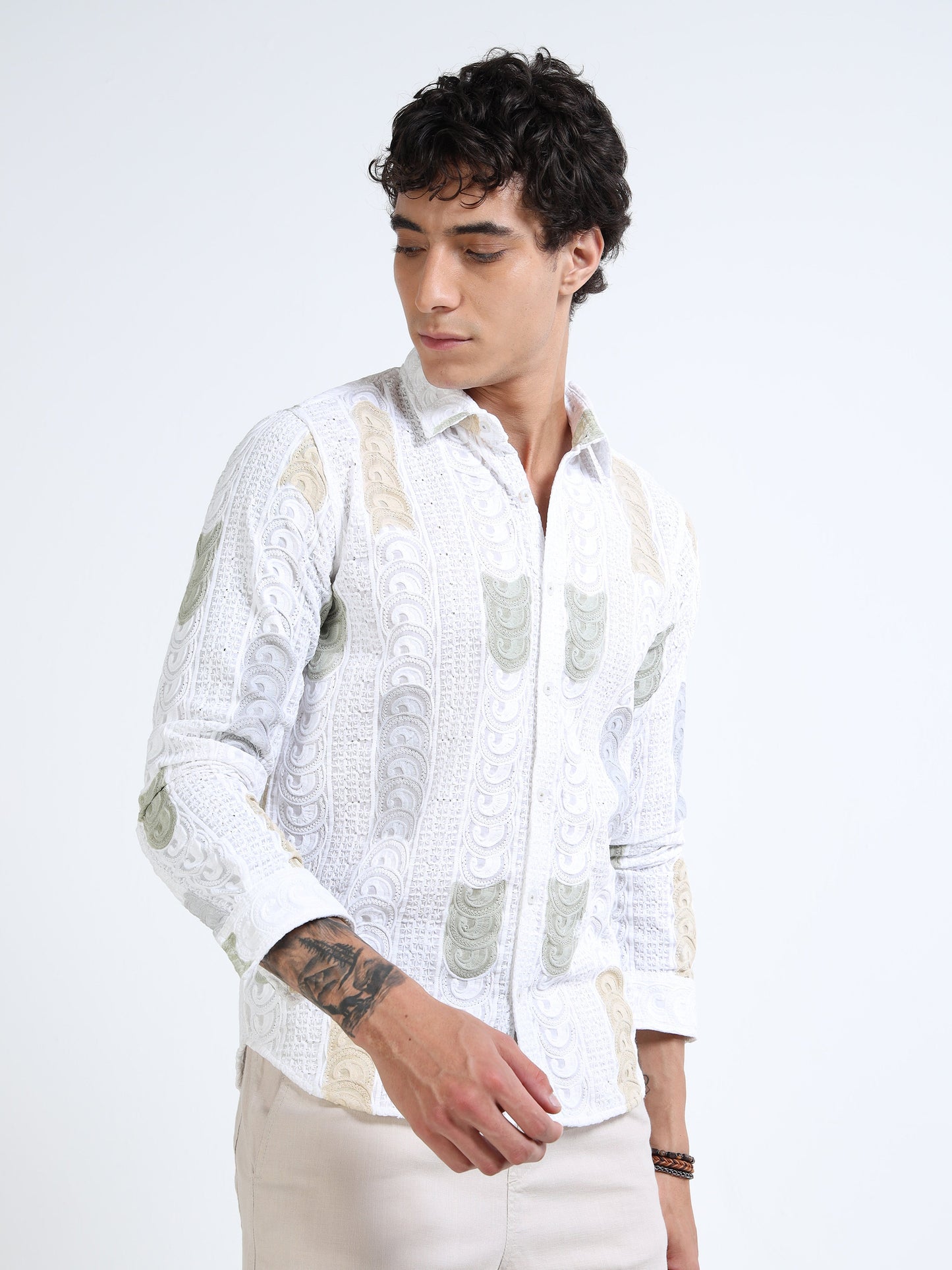 Men’s White Multicolor Embroidered Cotton Shirt with Textured Detailing