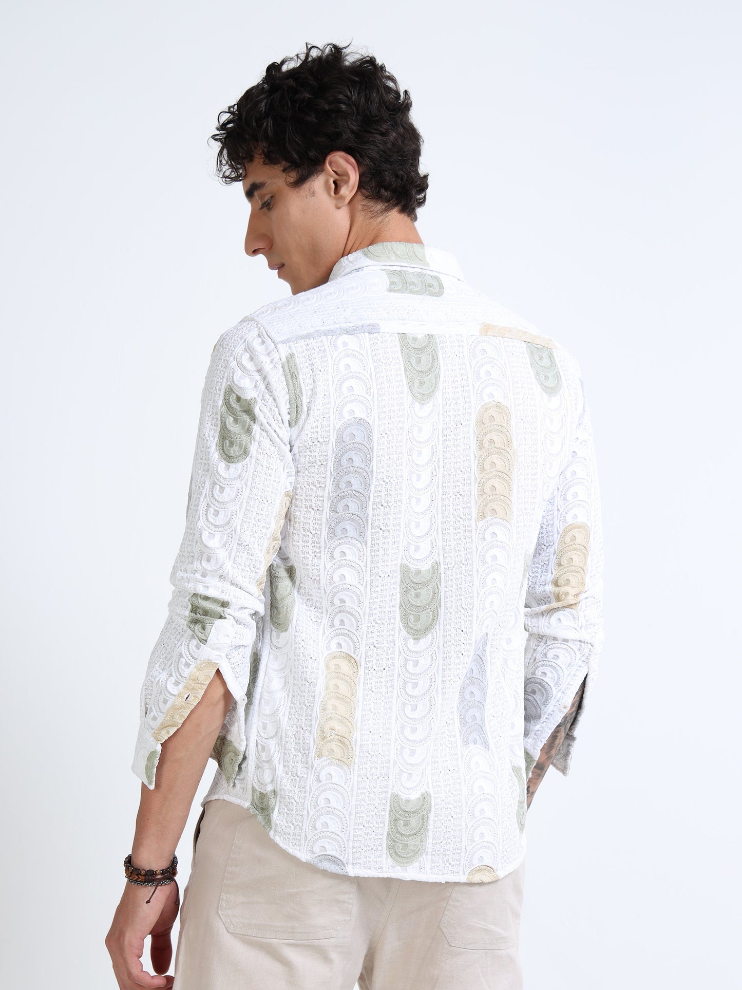 Men’s White Multicolor Embroidered Cotton Shirt with Textured Detailing