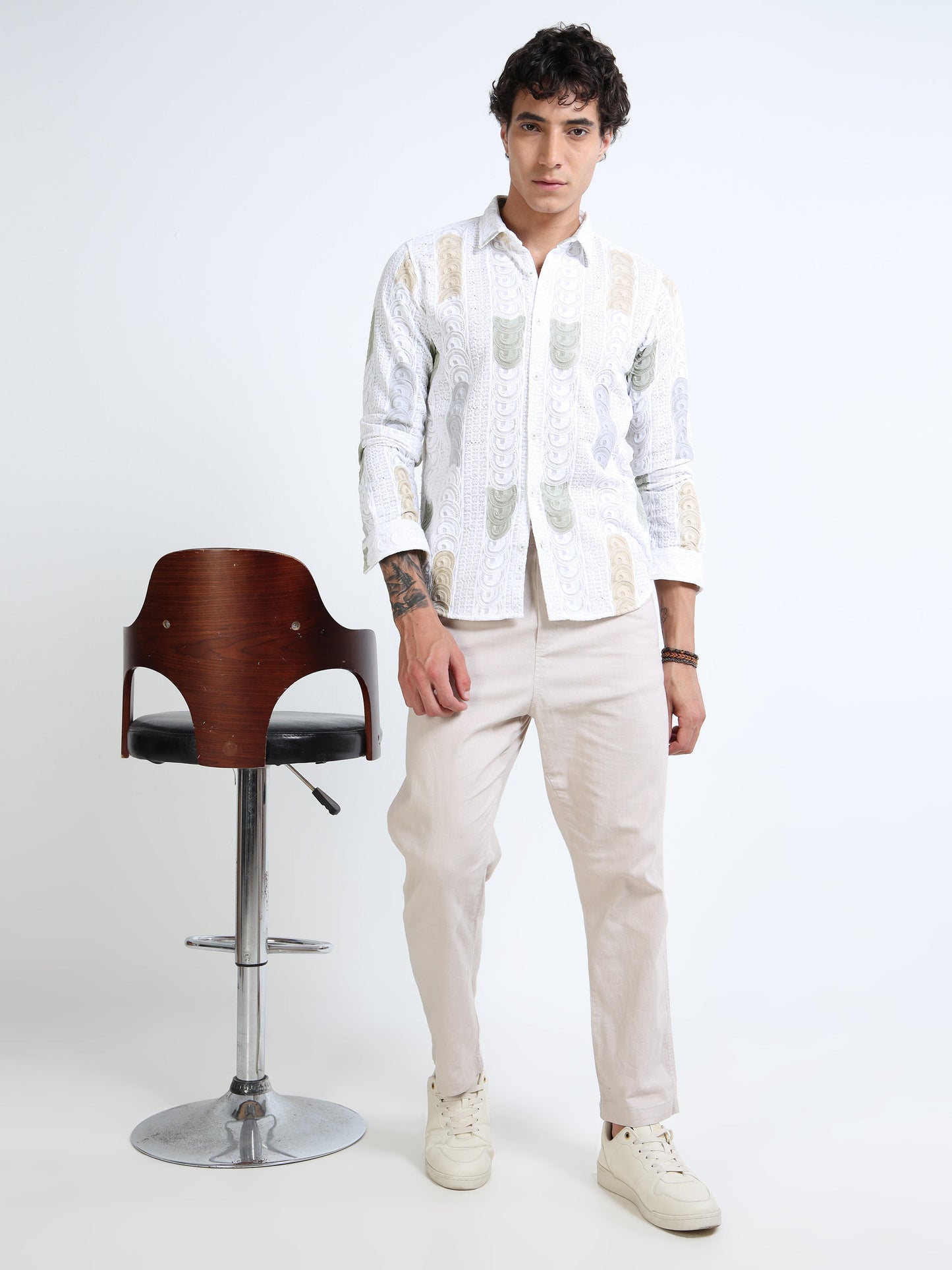 Men’s White Multicolor Embroidered Cotton Shirt with Textured Detailing