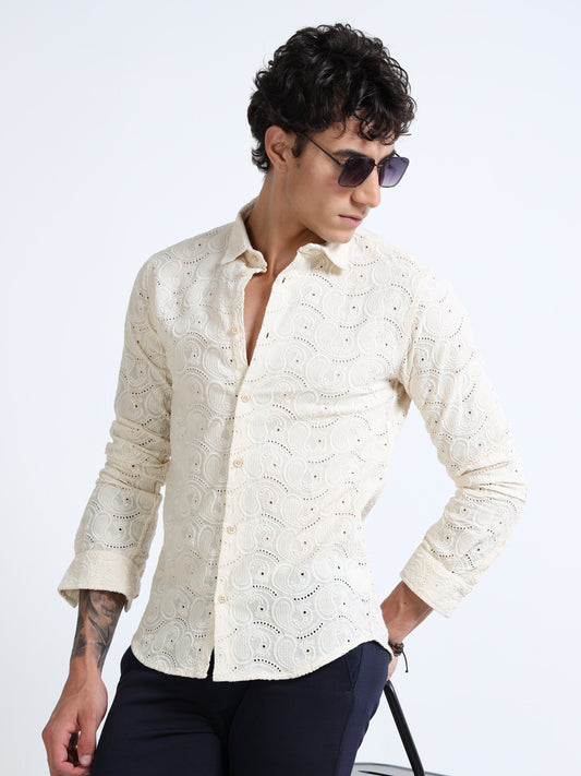 Men’s Cream Cotton Casual Shirt with Paisley Embroidery Detailing