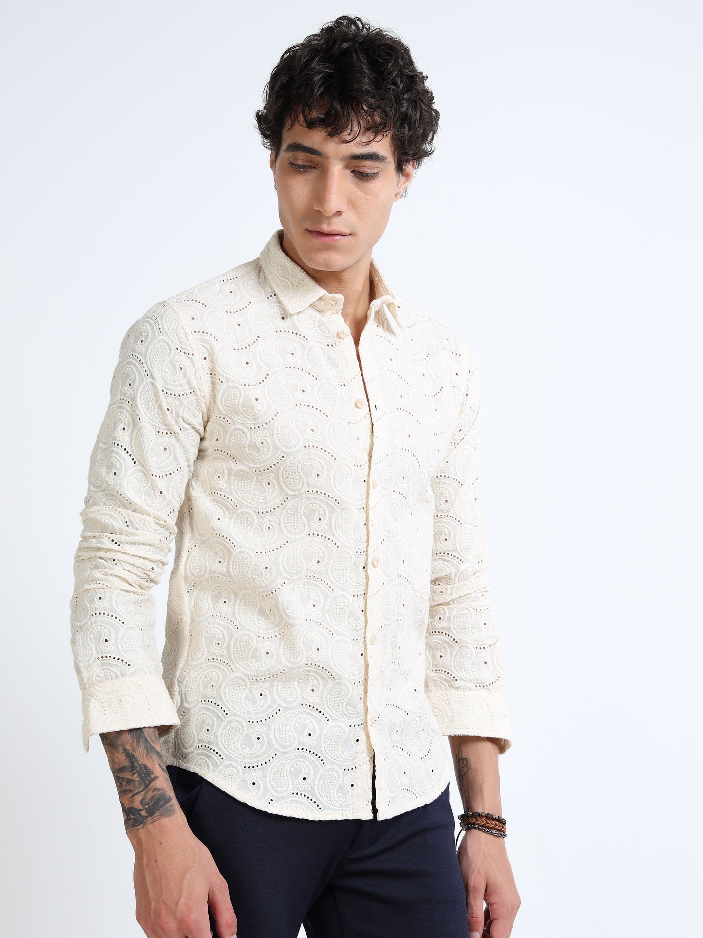 Men’s Cream Cotton Casual Shirt with Paisley Embroidery Detailing