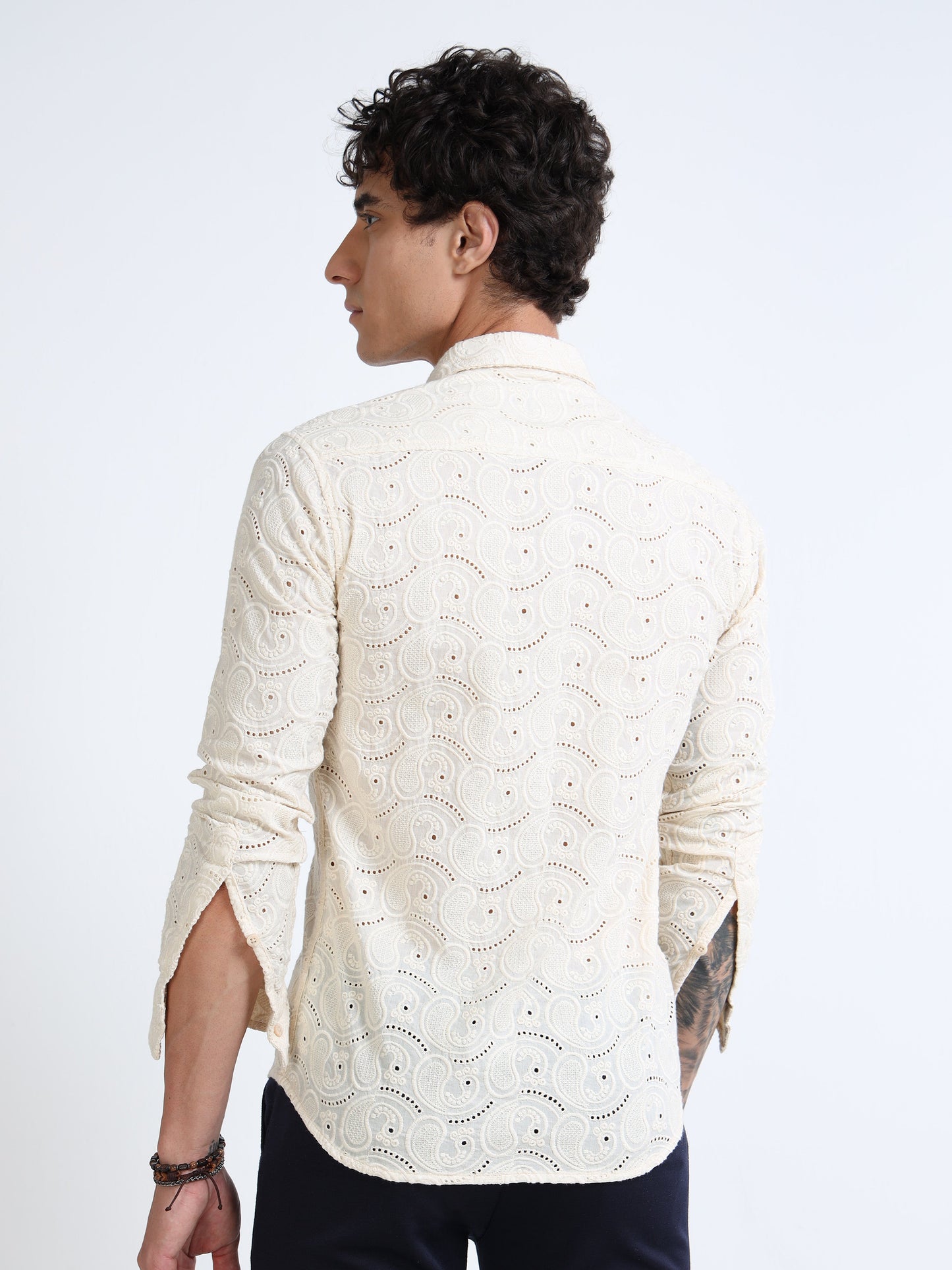 Men’s Cream Cotton Casual Shirt with Paisley Embroidery Detailing