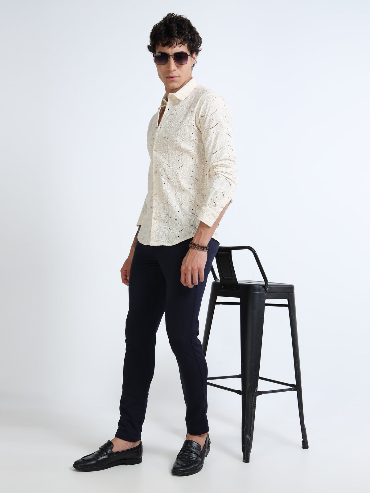 Men’s Cream Cotton Casual Shirt with Paisley Embroidery Detailing